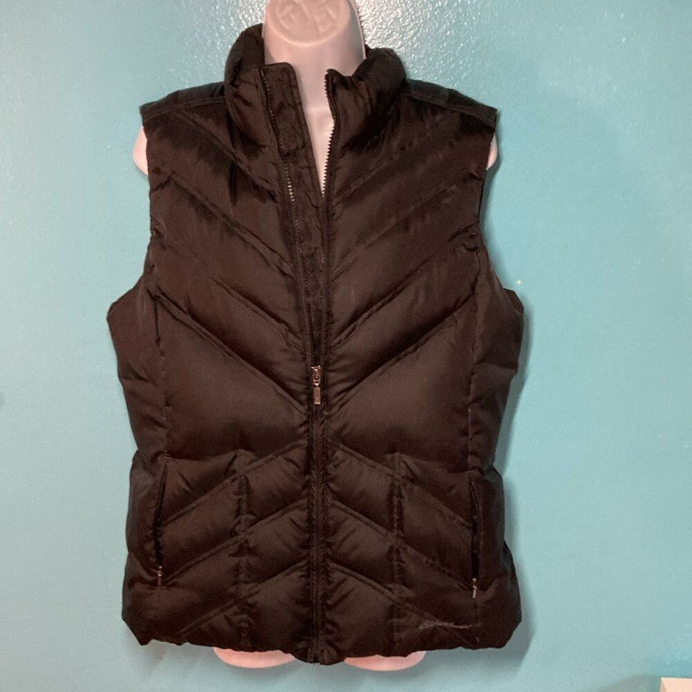 Eddie Bauer Womens Size L Premium Goose Down Black Quilted Zip Front Vest
